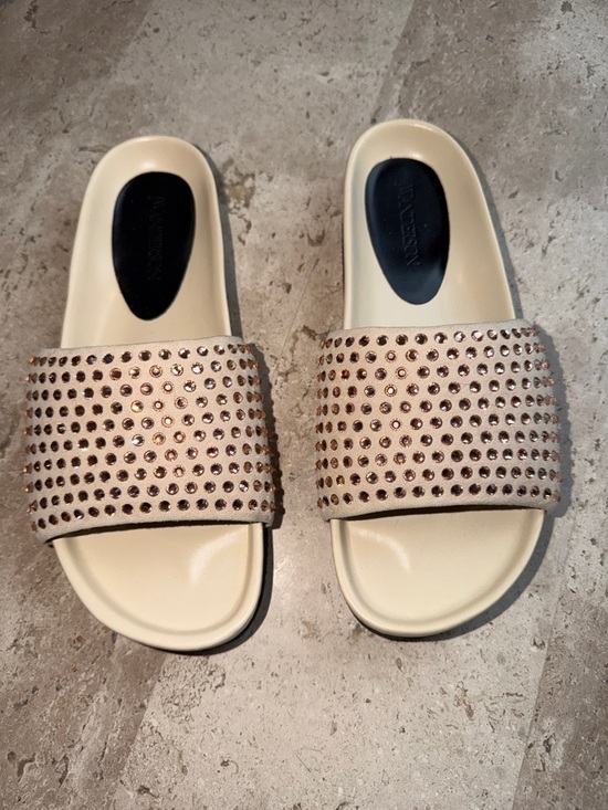 JW Anderson Gold Chain-Embellished Slide Beige Leather  JW ANDERSON Crystal Embellished Slide Sandals 38